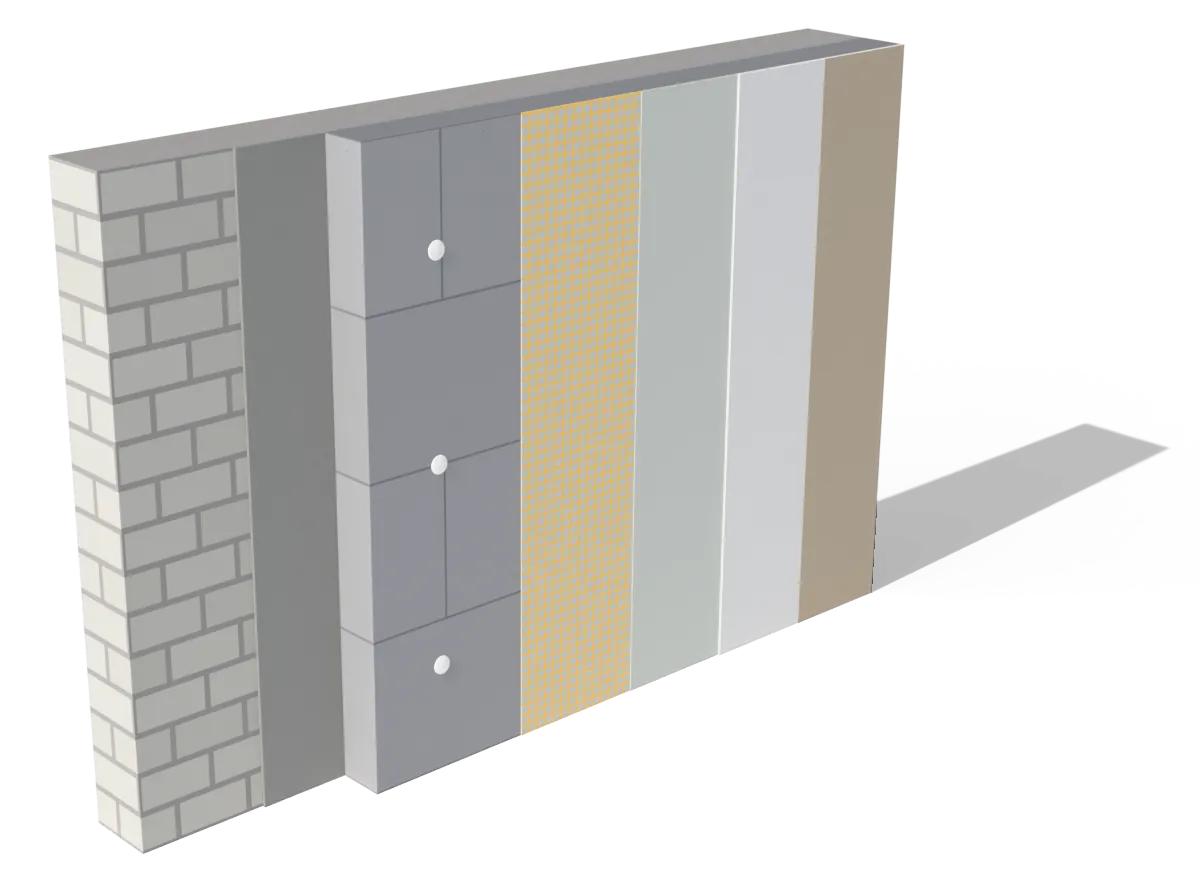 Schematischer Schnitt durch ein Wärmedämmverbundsystem: Mauerwerk, Klebemörtel, Dämmplatte mit Dübeln, Armierung mit Gewebe, Oberputz und Fassadenfarbe